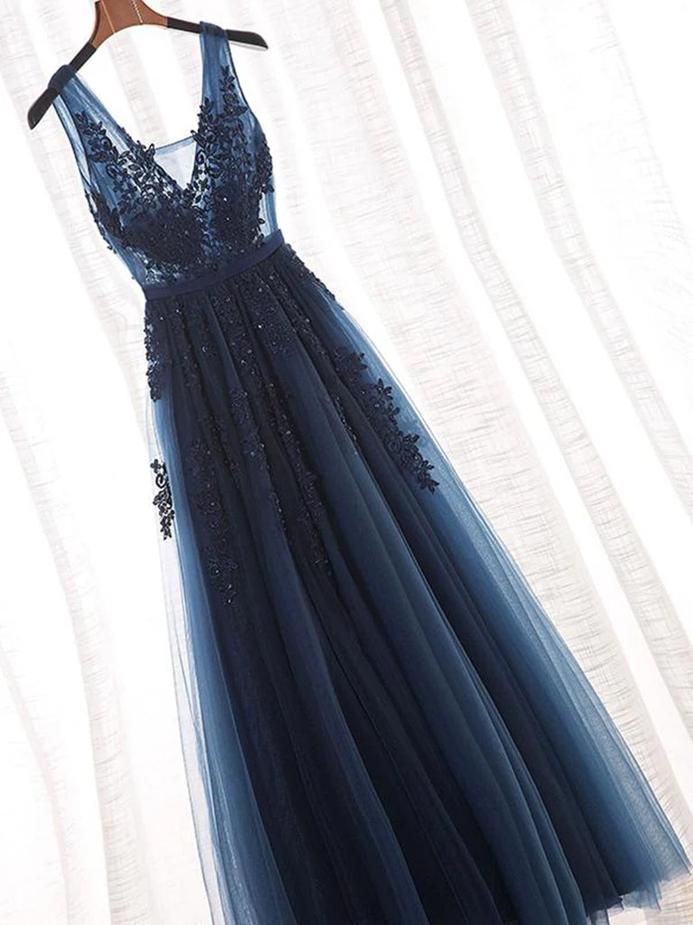 A Line V neck Lace Beaded Long Tulle Prom Dresses Formal Evening Dress