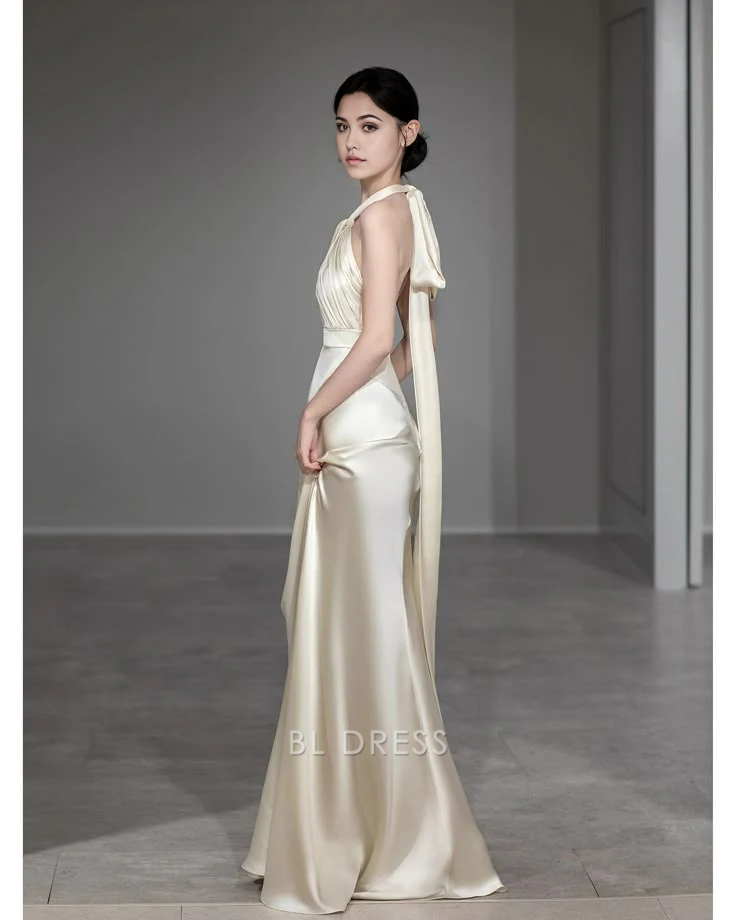 Mermaid Halter Satin Long formal dresses Bridesmaid Dresses evening gown Prom Dress