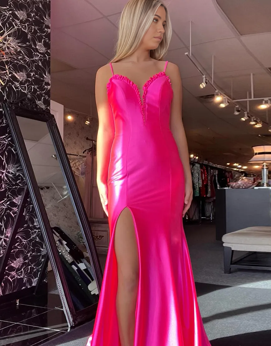 Mermaid Spaghetti Straps Satin Ruffle Fuchsia Long formal dresses Bridesmaid Dresses evening gown Prom Dress with Slit