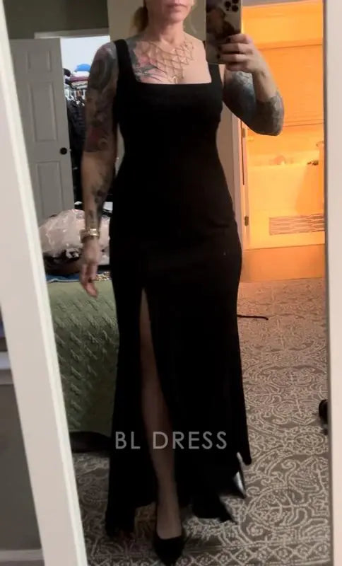 Simple Square-Neck White Satin Side Slit Long formal dresses Bridesmaid Dresses evening gown Prom Dress