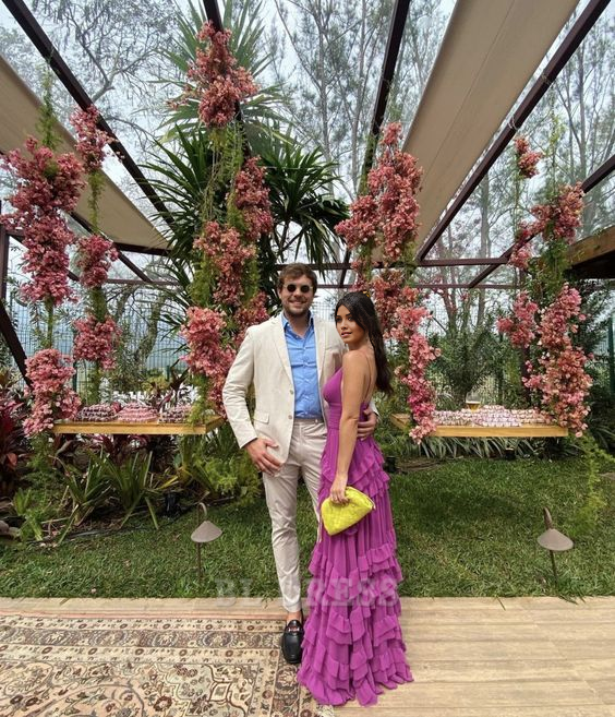 A-line V-Neck Spaghetti Straps Tiered Purple formal dresses Bridesmaid Dresses evening gown Prom Dress