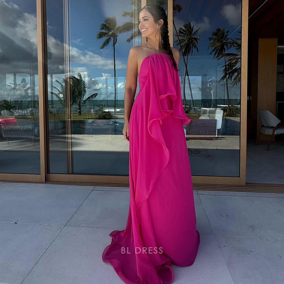 Ruffle Hot Pink Chiffon Long formal dresses Bridesmaid Dresses evening gown Prom Dress