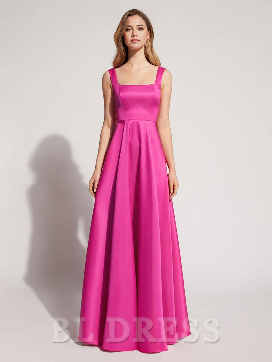 A-Line Square Neck Satin Floor-Length formal dresses Bridesmaid Dresses evening gown Prom Dress