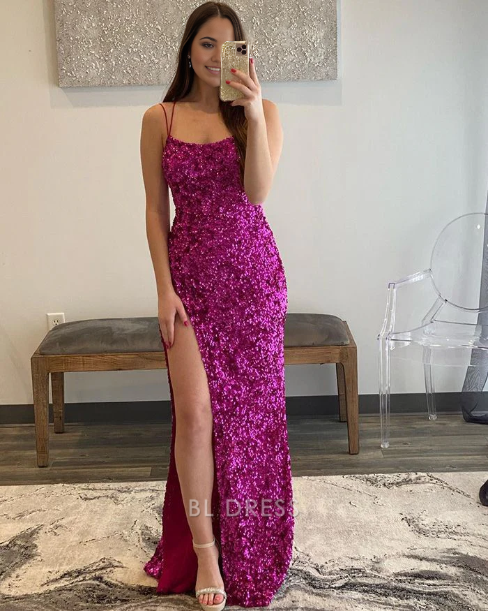 Mermaid Spaghetti Straps Rose Red Sequin formal dresses Bridesmaid Dresses evening gown Prom Dress with Side Slit