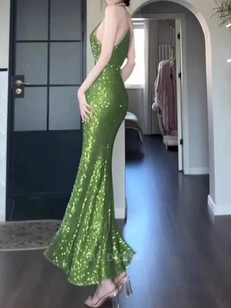 Sheath Vintage Spaghetti Straps Green Sequin Long formal dresses Bridesmaid Dresses evening gown Prom Dress