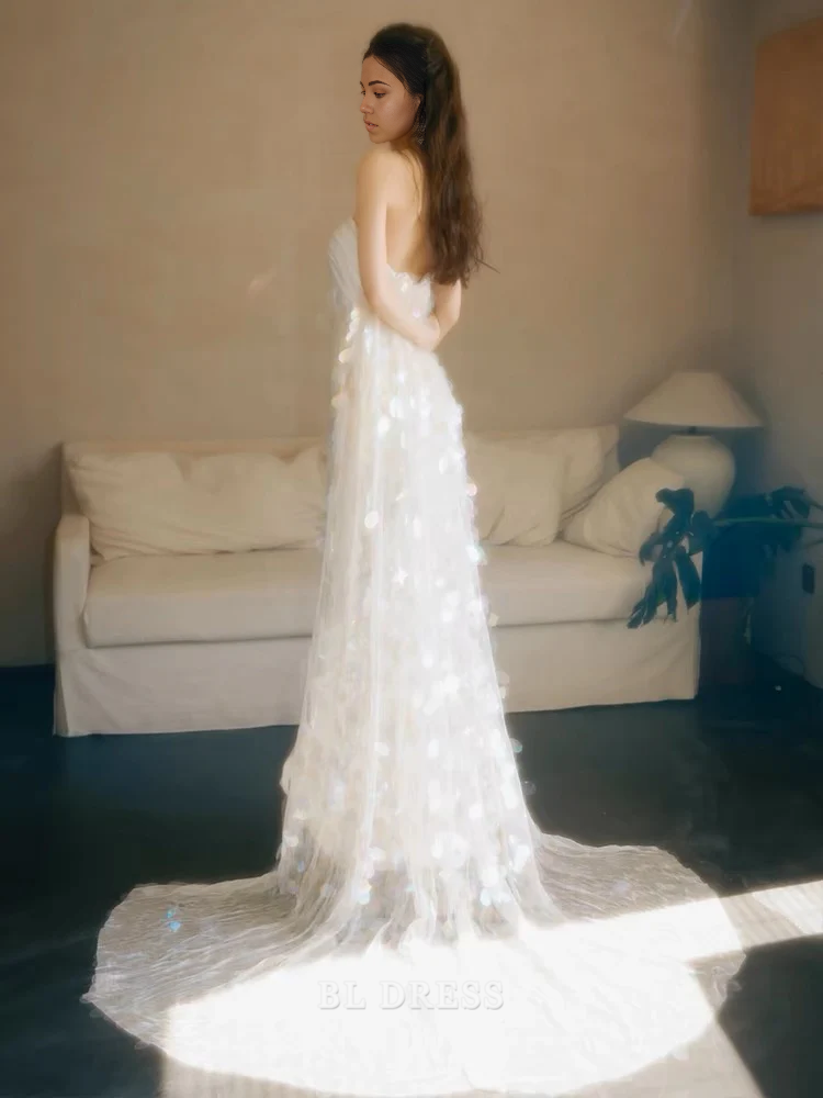 A Line Elegant Strapless Sequin White Long formal dresses Bridesmaid Dresses evening gown Prom Dress