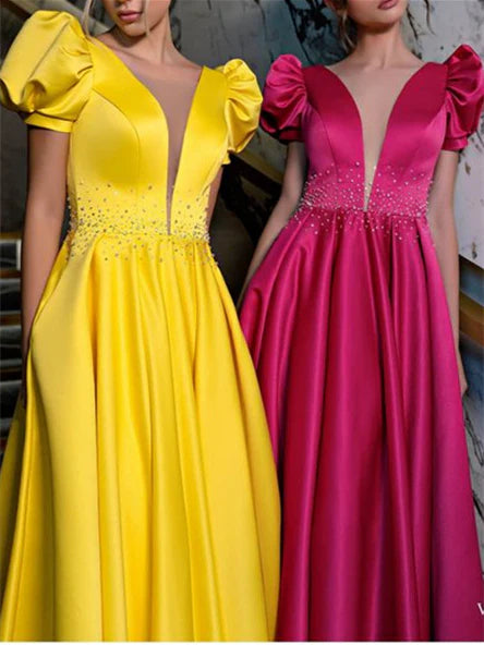 A-Line V Neck Floor Length Prom Dresses