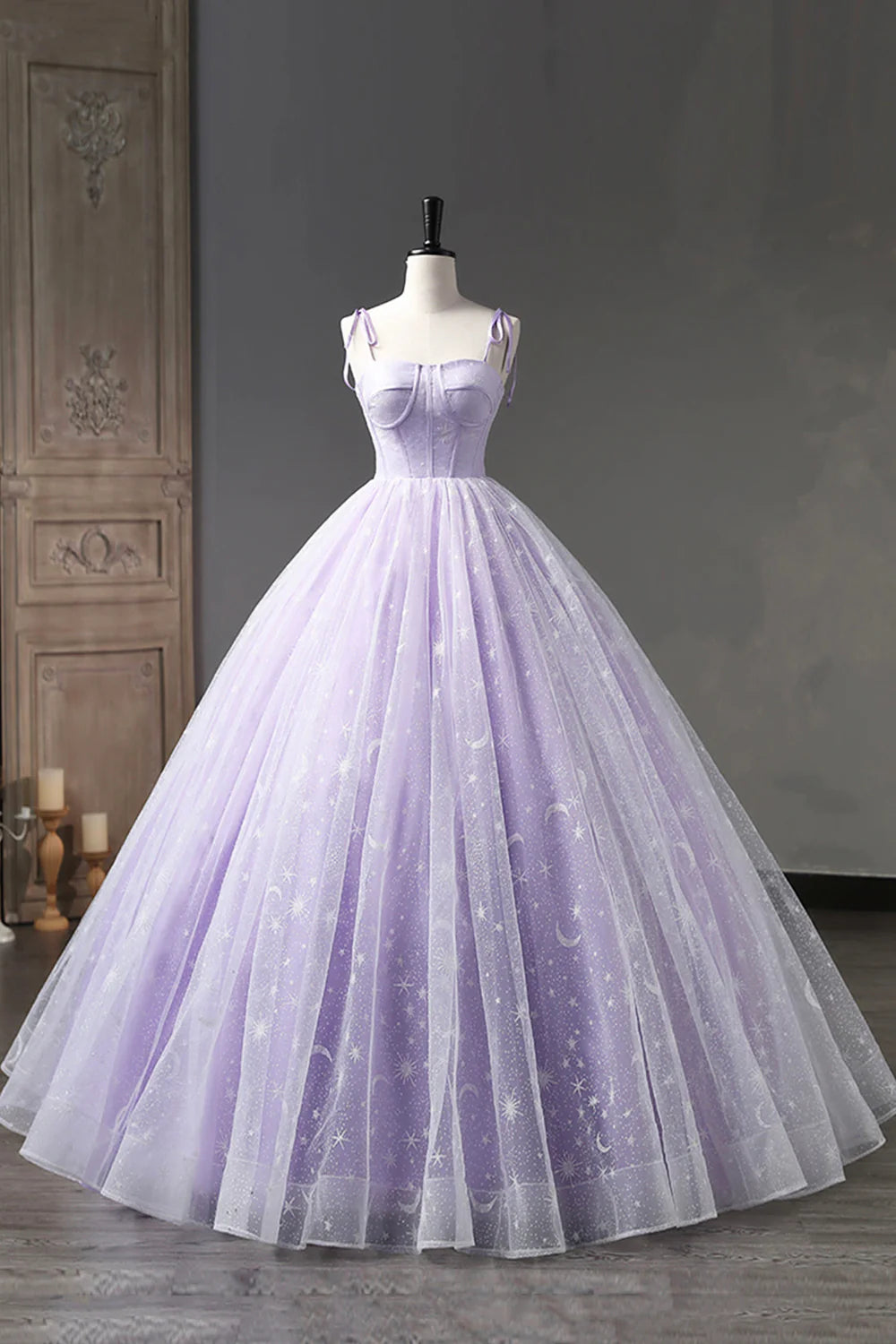 A-Line Tulle Straps Floor Length Evening Dress