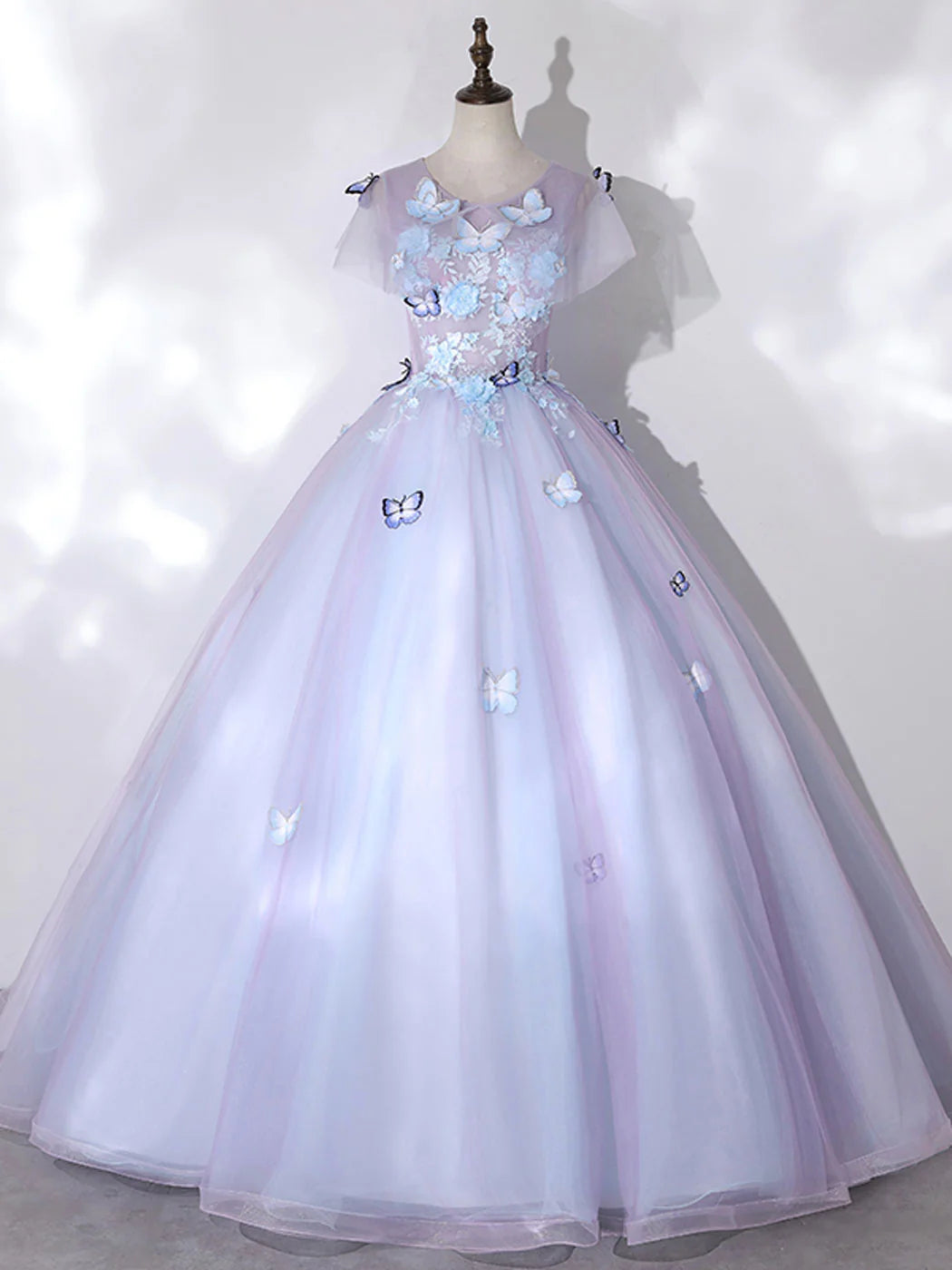 A-Line Round Neck Tulle Long Prom Dress