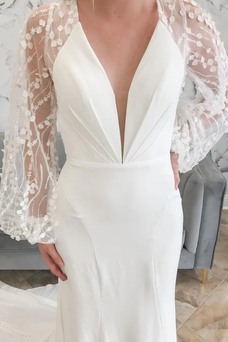 Mermaid Plunge V Long Wedding Dress with Balloon Sleeves
