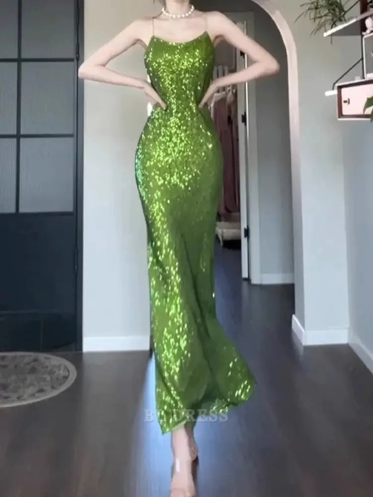 Sheath Vintage Spaghetti Straps Green Sequin Long formal dresses Bridesmaid Dresses evening gown Prom Dress