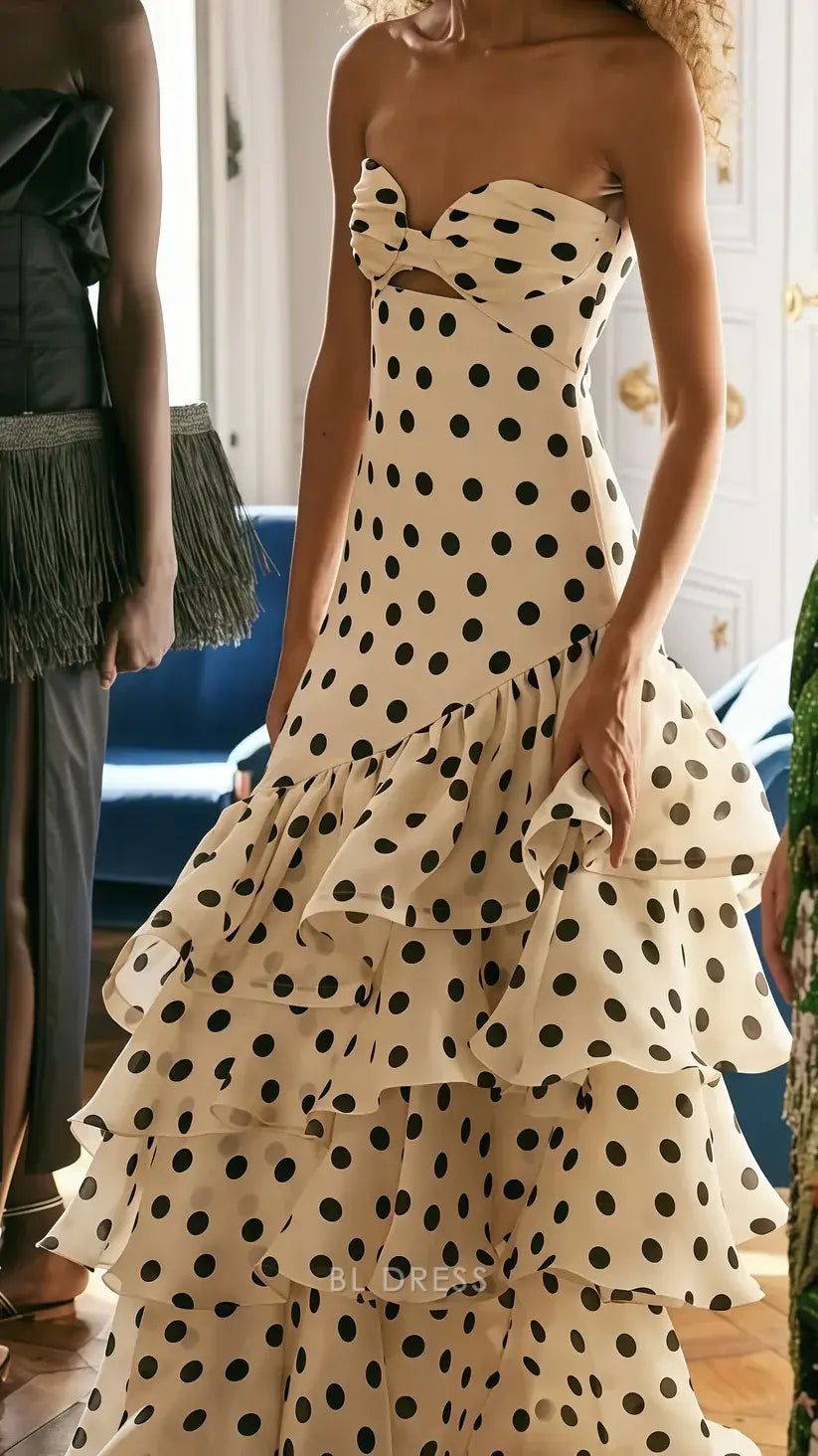 Mermaid Elegant Strapless Sweetheart Dots Ruffle Chiffon formal dresses Bridesmaid Dresses evening gown Prom Dress