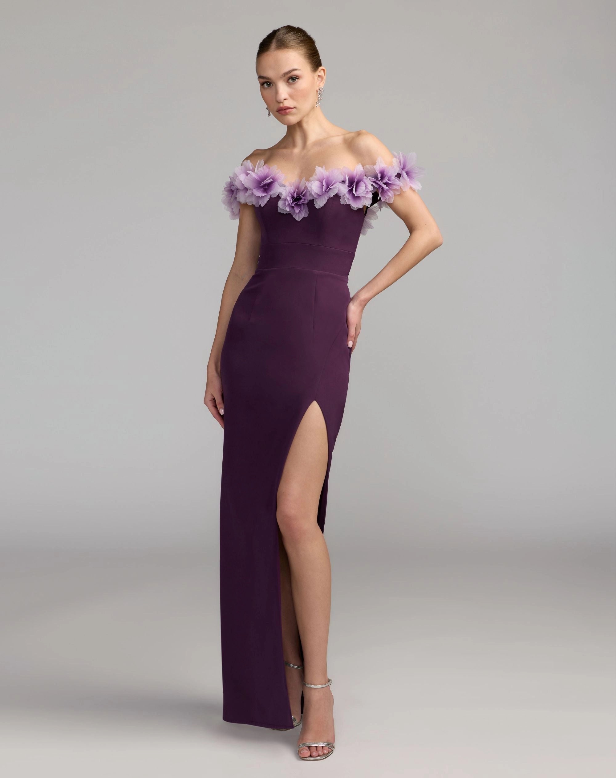 Off shoulder 3D floral slit column prom gown