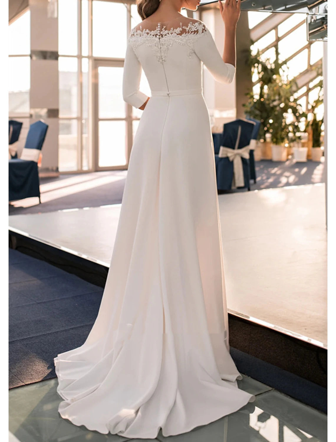 A-Line Off Shoulder 3/4 Length Sleeve Sweep Wedding Dresses / Brush Train Lace Bridal Gowns With Appliques Solid Color