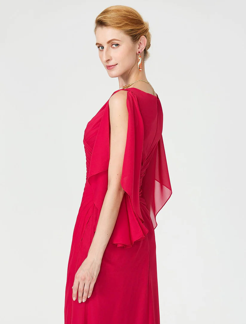 Sheath / Column Mother of the Bride Dress Furcal V Neck Floor Length Chiffon Half Sleeve No with Criss Cross Split Front