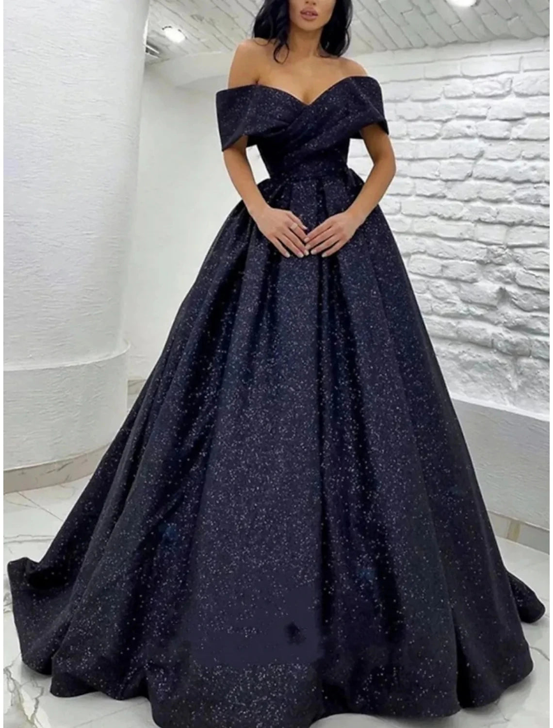 A-Line Prom Dresses Elegant Dress Tie Gala Sweep / Brush Train Short Sleeve Off Shoulder Sequined