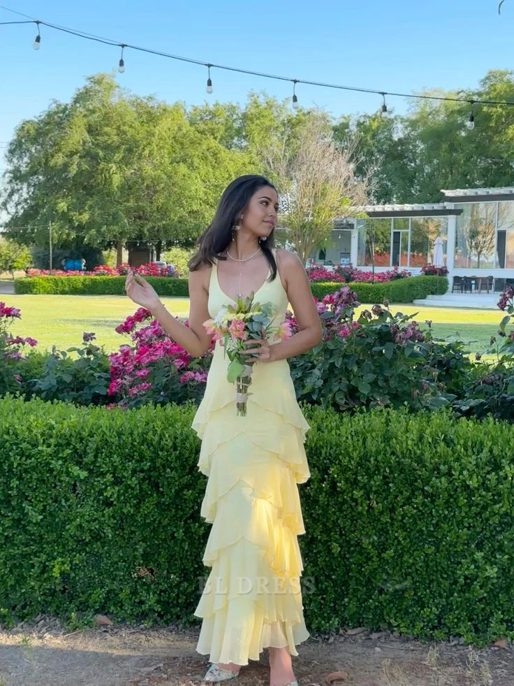 A Line V-Neck Tiered Chiffon Yellow formal dresses Bridesmaid Dresses BL Dress A Line V-Neck Tiered Chiffon Yellow formal dresses Bridesmaid Dresses BL Dress