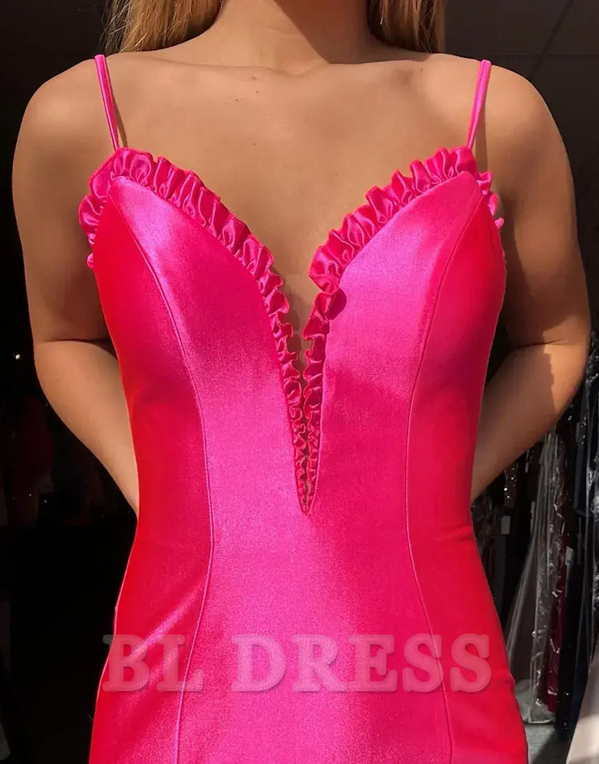 Mermaid Spaghetti Straps Satin Ruffle Fuchsia Long formal dresses Bridesmaid Dresses evening gown Prom Dress with Slit
