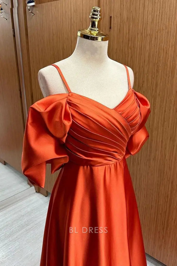 A-line Off-the-Shoulder Straps Pleated Satin Rust Orange Long formal dresses Bridesmaid Dresses evening gown Prom Dress