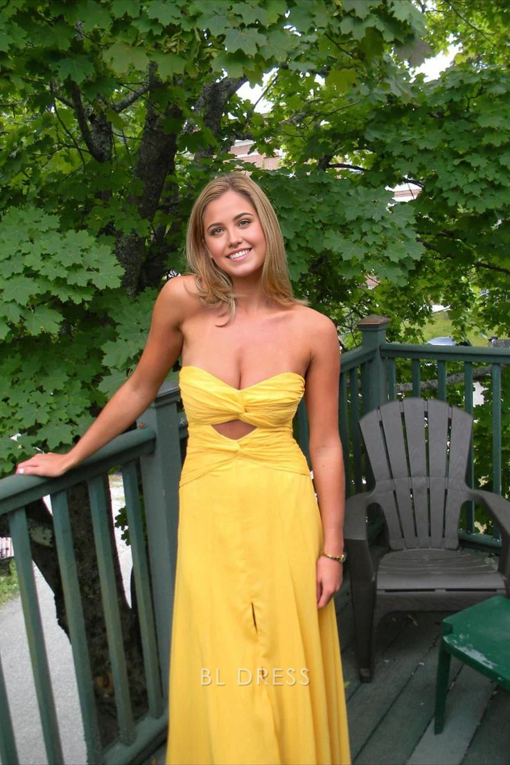 A-line Sweetheart Strapless Yellow Long formal dresses Bridesmaid Dresses evening gown Prom Dress
