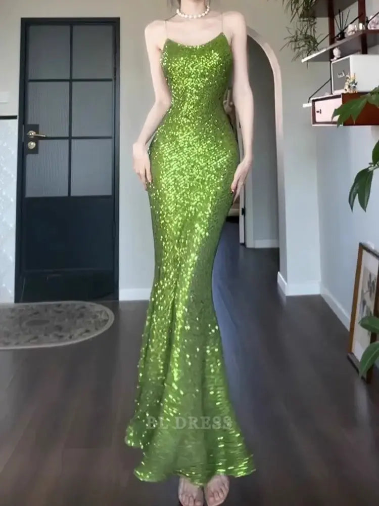 Sheath Vintage Spaghetti Straps Green Sequin Long formal dresses Bridesmaid Dresses evening gown Prom Dress