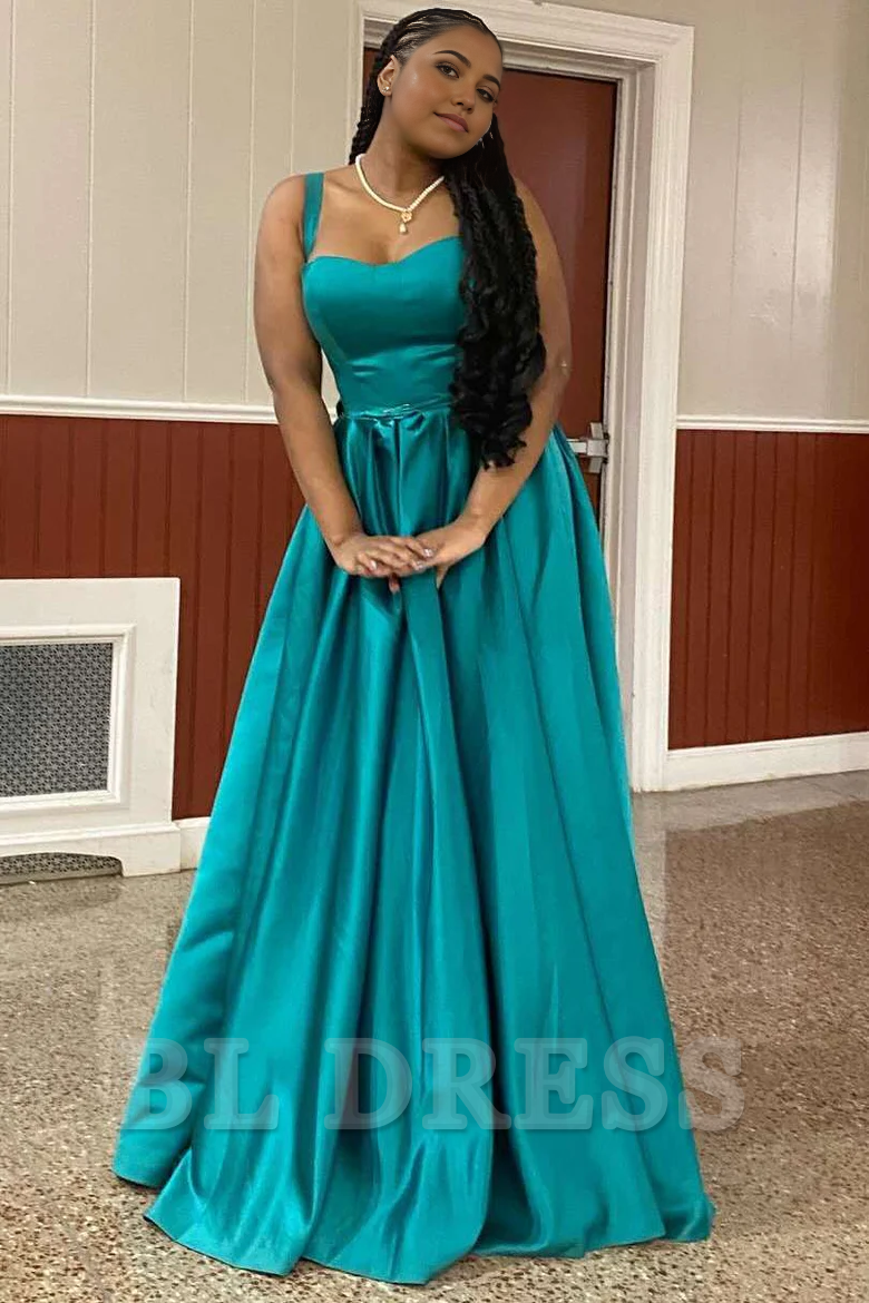 A-Line Scoop Straps Pleated Satin Sleeveless Long formal dresses evening gown Prom Dress