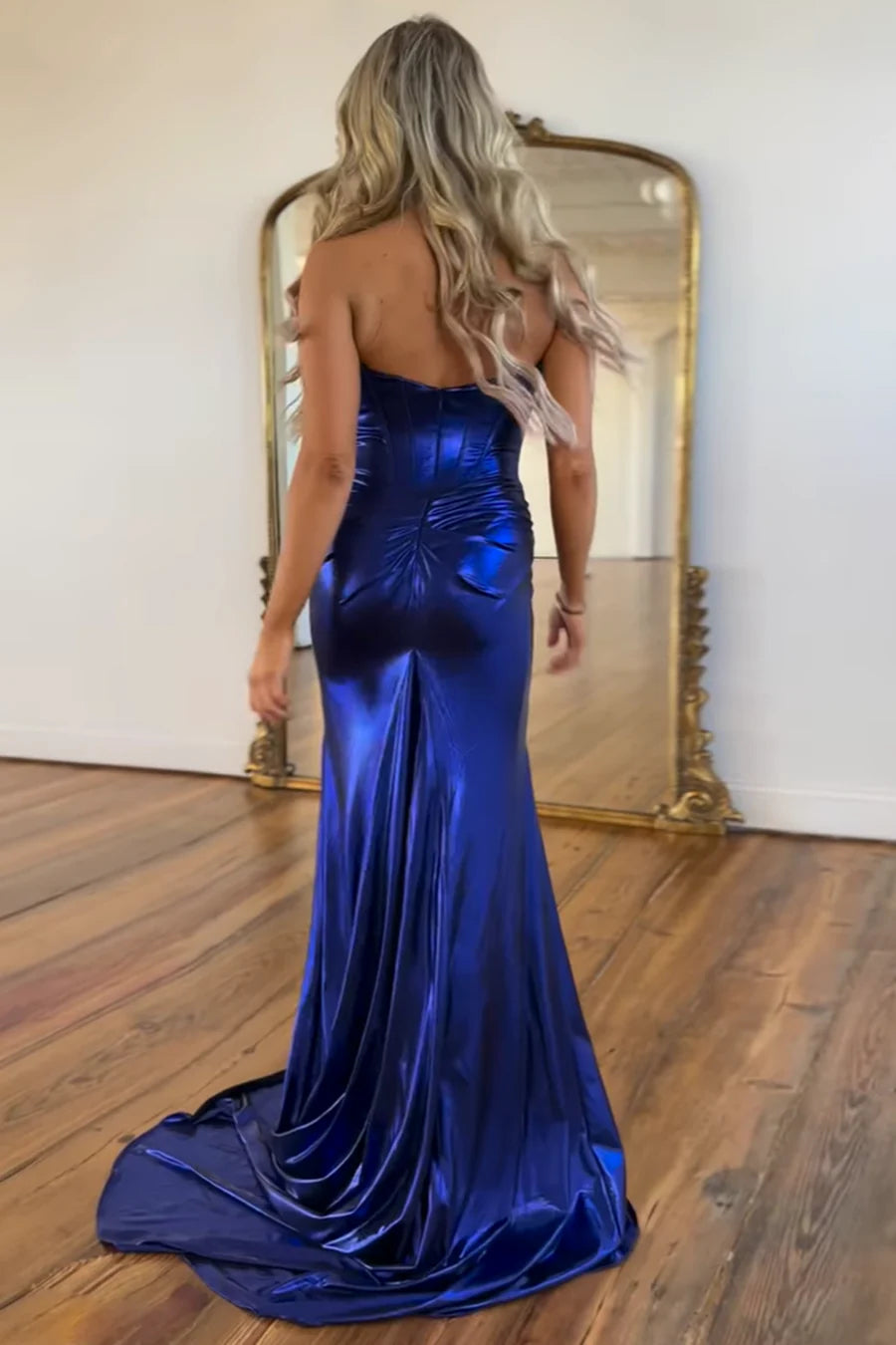 Mermaid Sparkly Sweetheart Satin Long formal dresses evening gown Prom Dresses with Slit