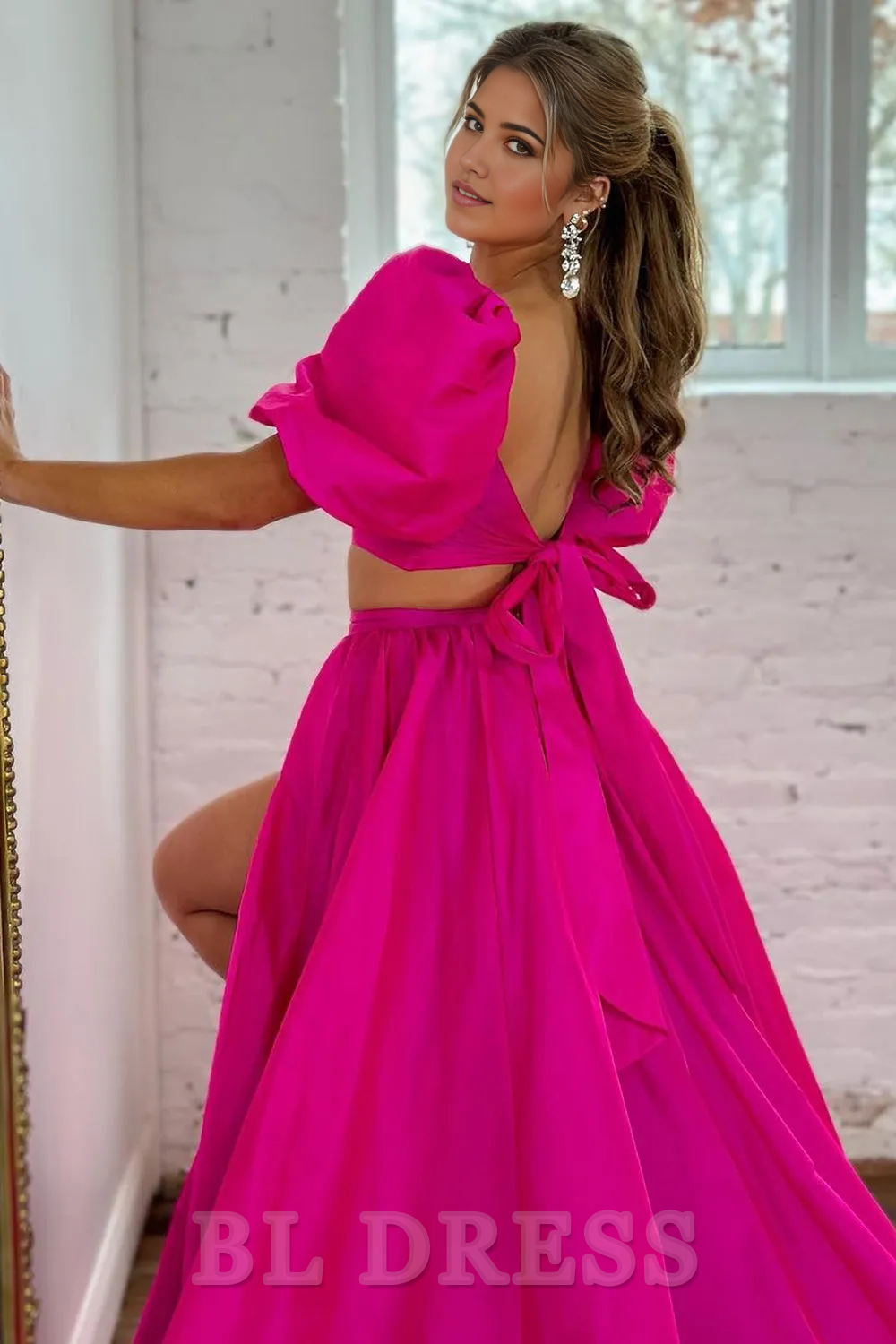 Two Pieces A-Line Square Neck Long Satin Hot Pink formal dresses evening gown Prom Dress With Split