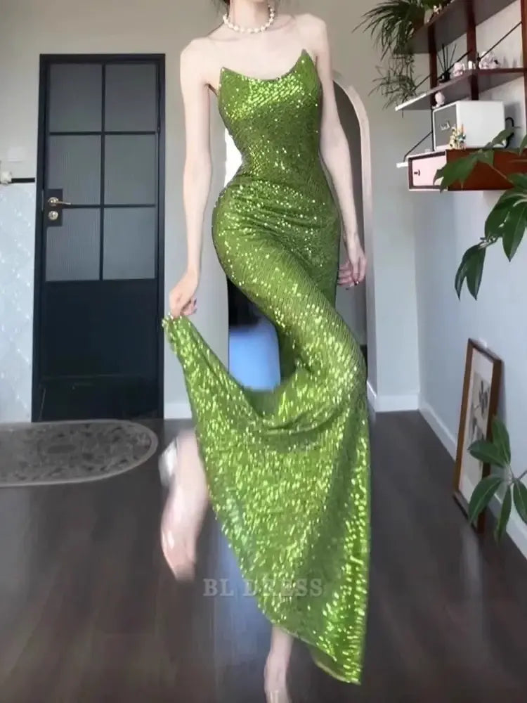 Sheath Vintage Spaghetti Straps Green Sequin Long formal dresses Bridesmaid Dresses evening gown Prom Dress