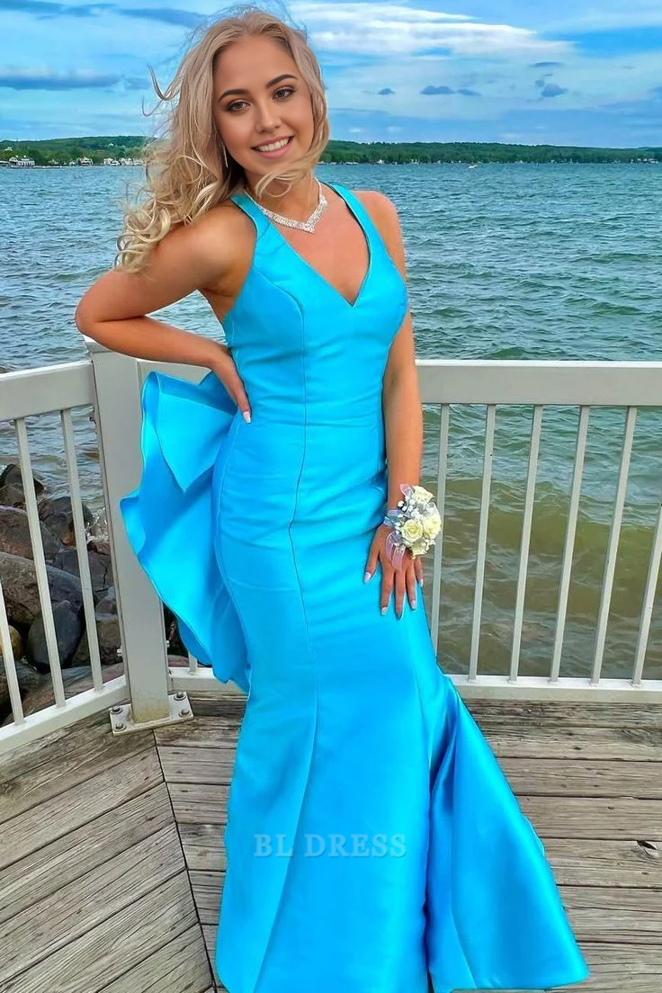 Mermaid V Neck Blue Long formal dresses Bridesmaid Dresses evening gown Prom Dress