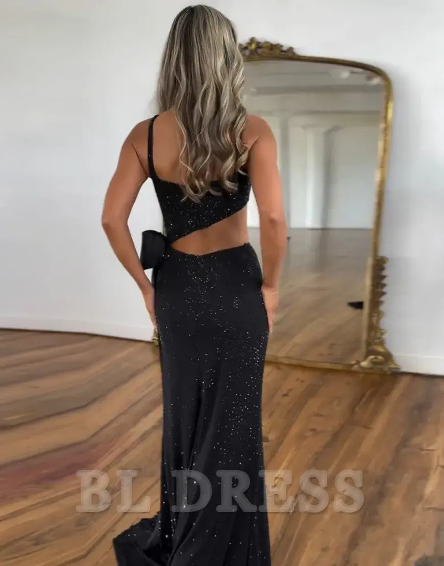 Mermaid Sparkly Beaded Spaghetti Straps Bow Black Long formal dresses evening gown Prom Dress with Slit