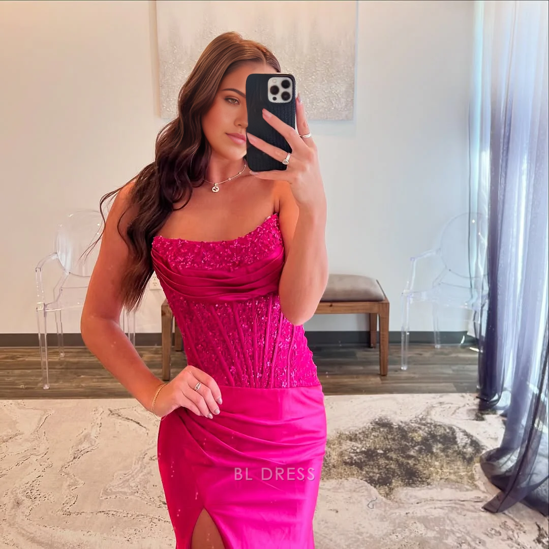 Mermaid Strapless Pink Satin Long formal dresses Bridesmaid Dresses evening gown Prom Dress