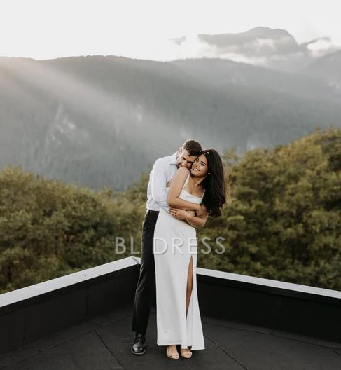 Simple Square-Neck White Satin Side Slit Long formal dresses Bridesmaid Dresses evening gown Prom Dress