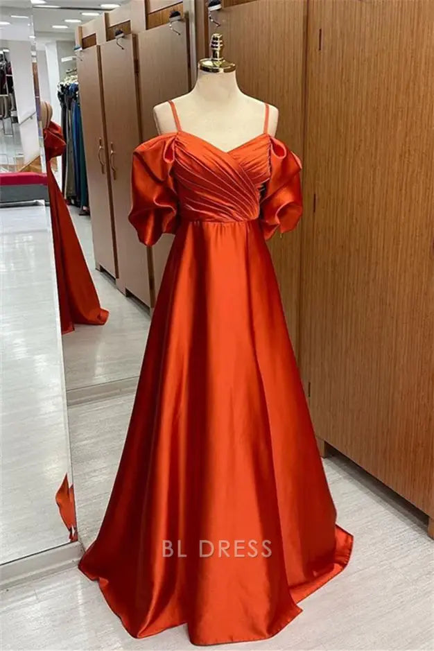 A-line Off-the-Shoulder Straps Pleated Satin Rust Orange Long formal dresses Bridesmaid Dresses evening gown Prom Dress