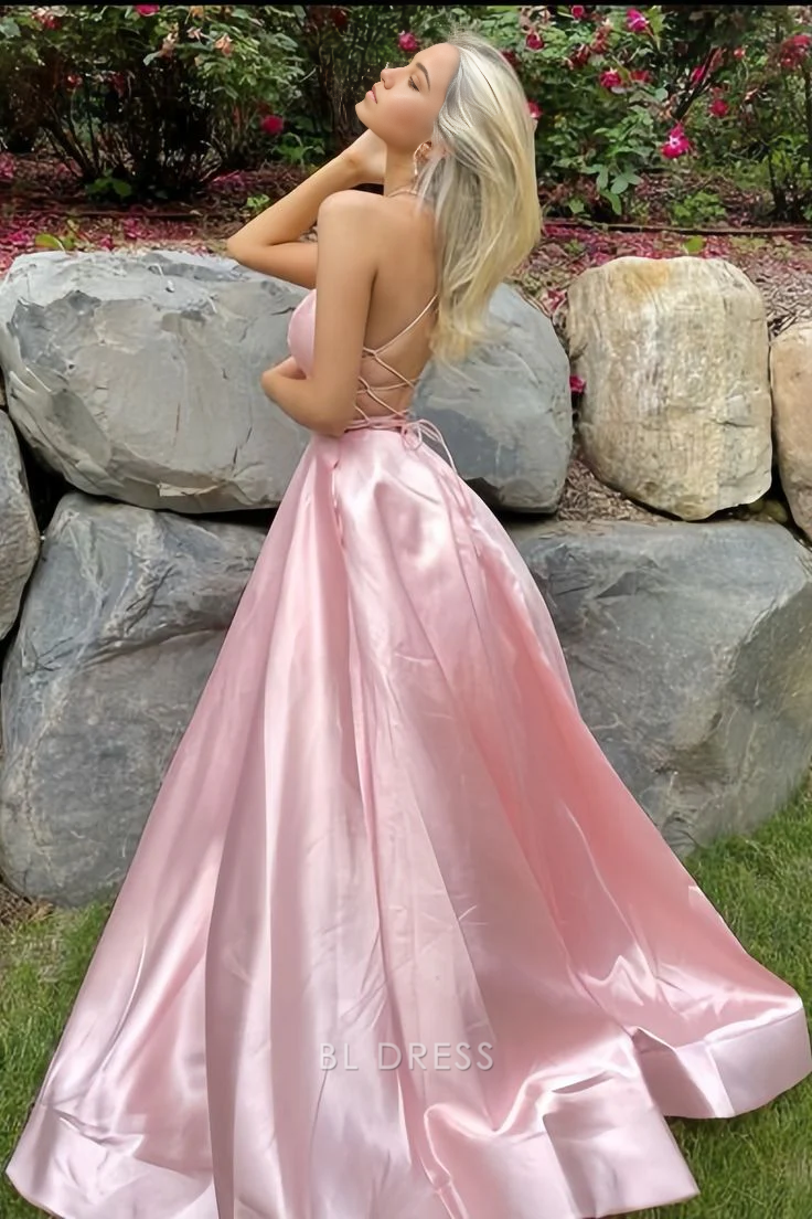 A-Line Simple Spaghetti Straps Backless Satin Pink formal dresses Bridesmaid Dresses evening gown Prom Dress With Slit