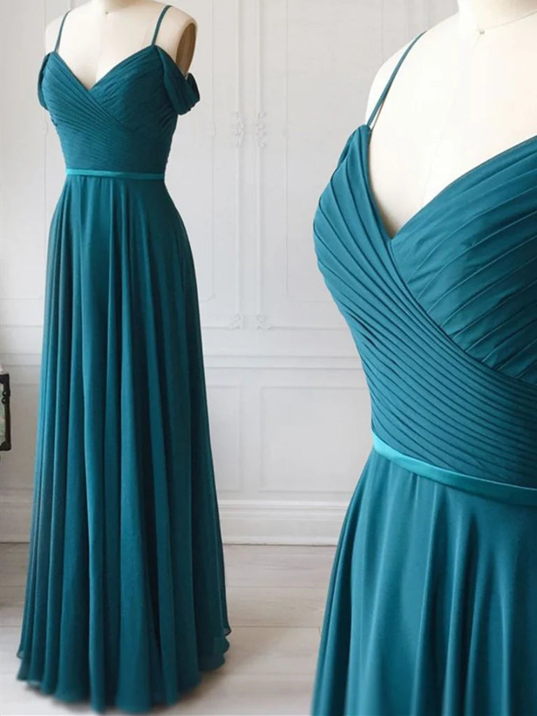 A-line V Neck Off Shoulder Long Prom Dress Bridesmaid Formal Evening Dresses