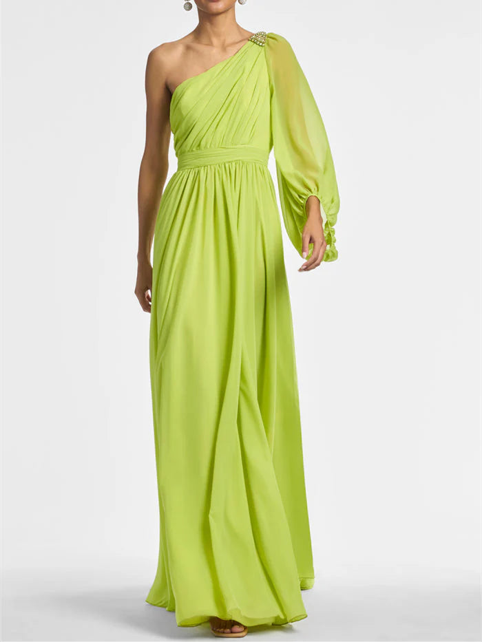 A Line One Shoulder Floor Length Evening Dress