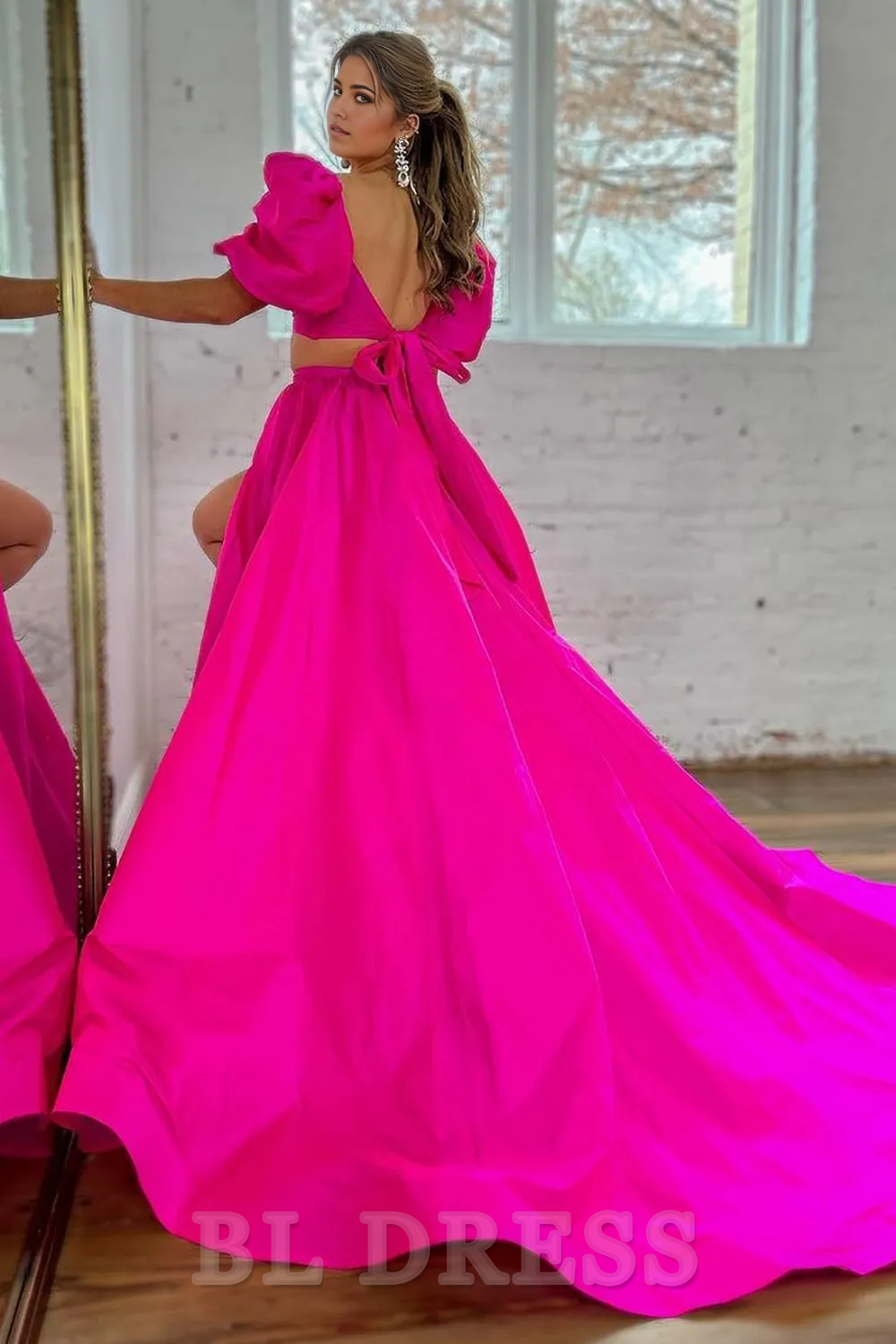 Two Pieces A-Line Square Neck Long Satin Hot Pink formal dresses evening gown Prom Dress With Split