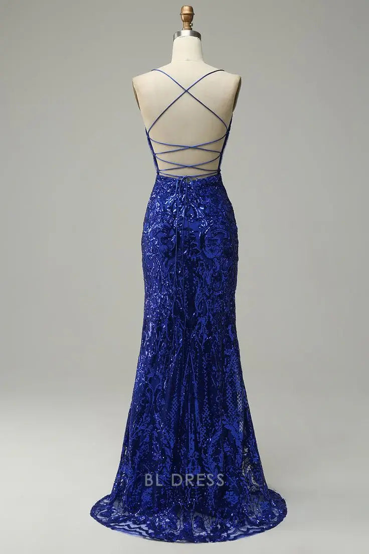 Mermaid Spaghetti Straps Sequins Criss Cross Back Long formal dresses Bridesmaid Dresses evening gown Prom Dress