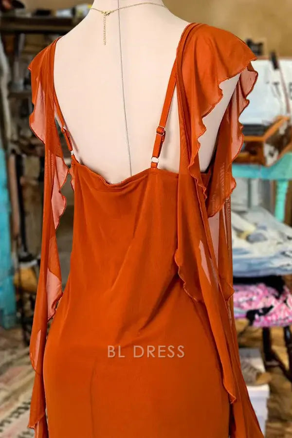 Sheath Elegant Ruffled Sleeves Square Neck formal dresses Bridesmaid Dresses evening gown Prom Dress