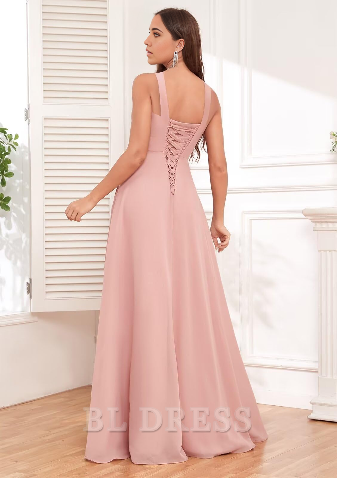A-Linie, quadratischer Ausschnitt, Chiffon, Rüschen, formelle Kleider, Brautjungfernkleider, Abendkleid, Ballkleid mit Schlitz