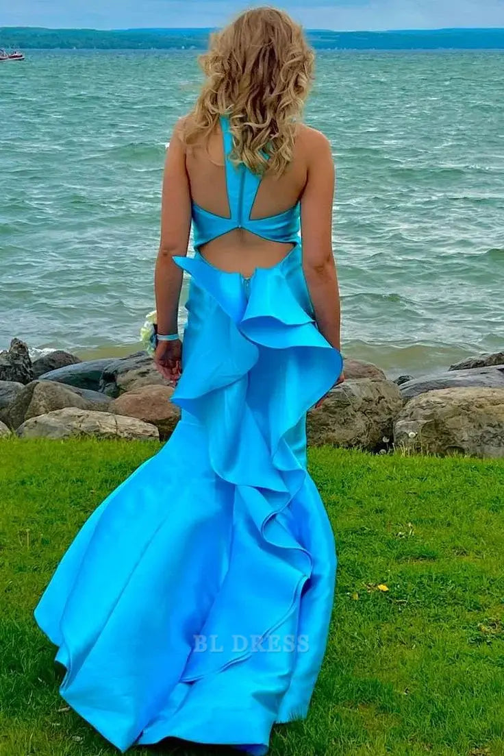 Mermaid V Neck Blue Long formal dresses Bridesmaid Dresses evening gown Prom Dress