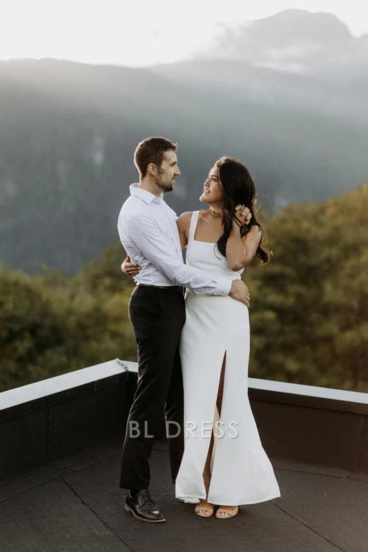 Simple Square-Neck White Satin Side Slit Long formal dresses Bridesmaid Dresses evening gown Prom Dress