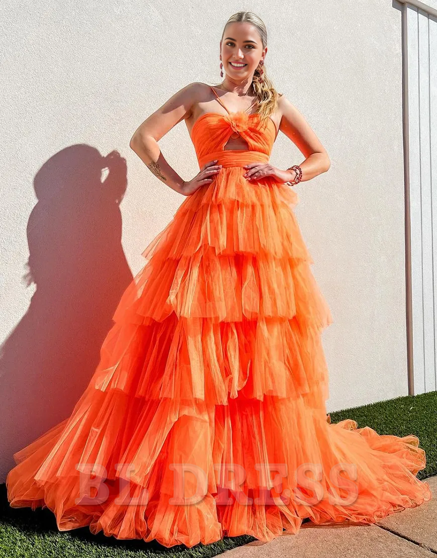 A-Line Spaghetti Straps Flower Tiered Tulle Orange Long formal dresses evening gown Prom Dress