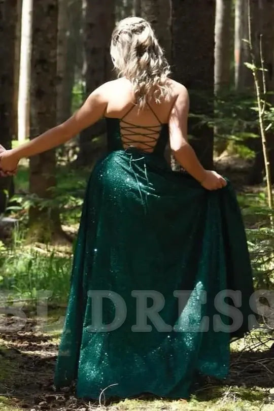 plus size A-Line Spaghetti Straps Glitter Sleeveless Long formal dresses evening gown Prom Dress with Slit