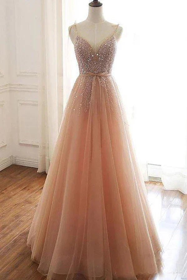 A-line Lace Up Back Straps Tulle Evening Dresses Sequins Prom Dresses