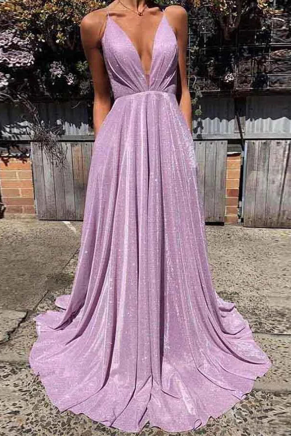 A-line Backless Prom Dresses Spaghetti Straps Sparkly Evening Dress