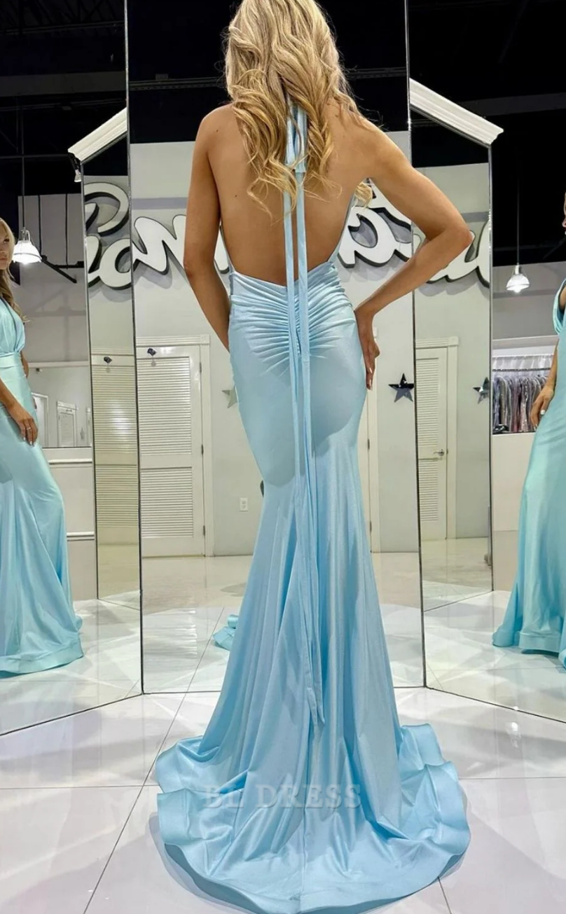 Mermaid Deep V Halter Neck Blue Long formal dresses Bridesmaid Dresses evening gown Prom Dress with Backless