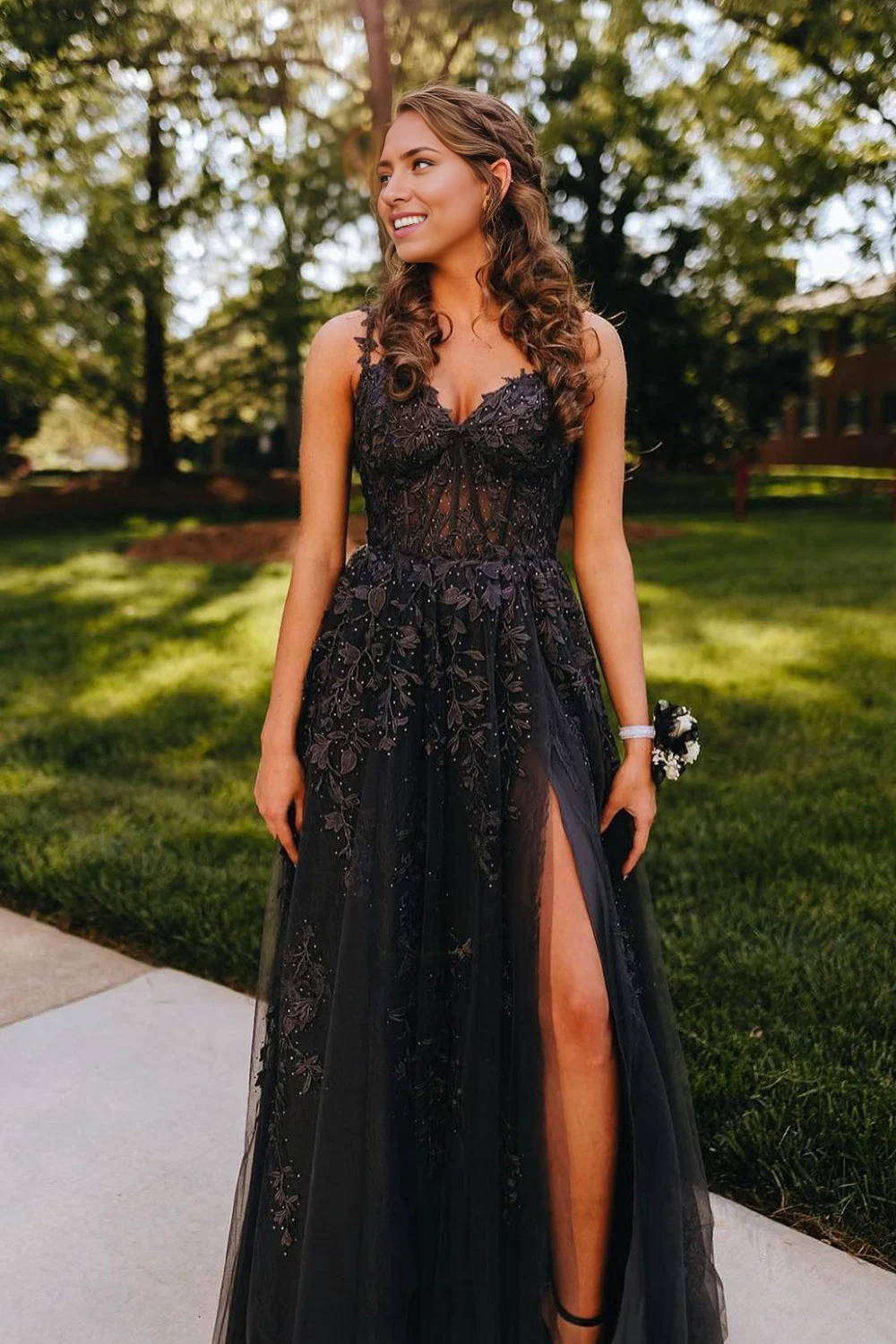 A-line Sweetheart Tulle Lace Prom Dress with Slit