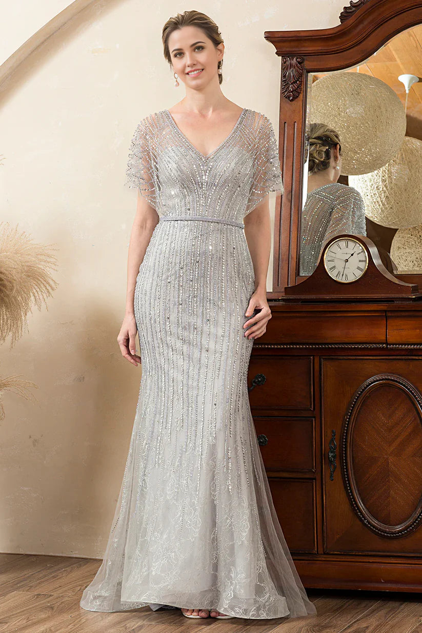 Mermaid Beading V-neck Glitter Mother of Bride Dress